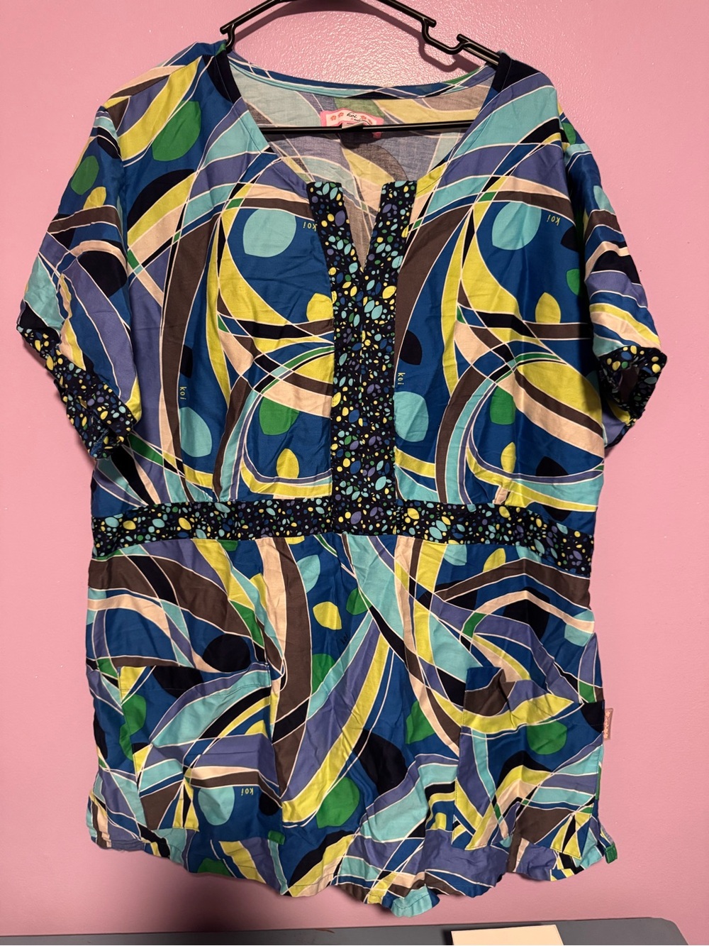 koi by Kathy Peterson Floral-Trim V-Neck Tunic - Blue, Green, Yellow